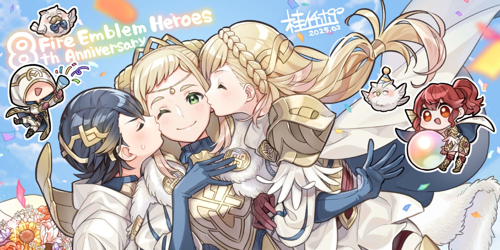Anniversary artwork of Alfonse and Sharena kissing Henriette on the cheek