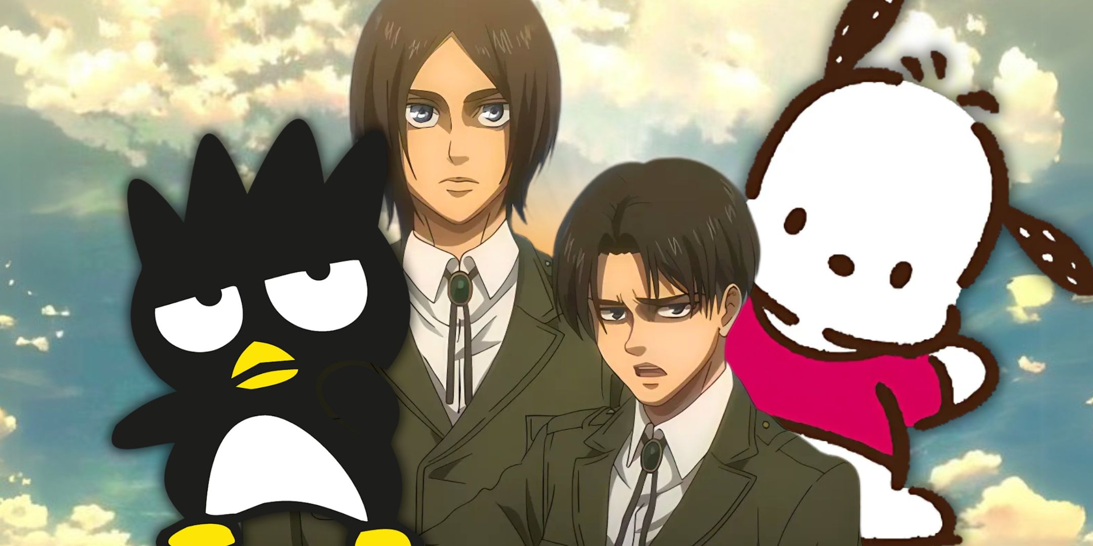 Eren and Levi from Attack on Titan anime and Sanrio's Pochacco and Badtz-Maru
