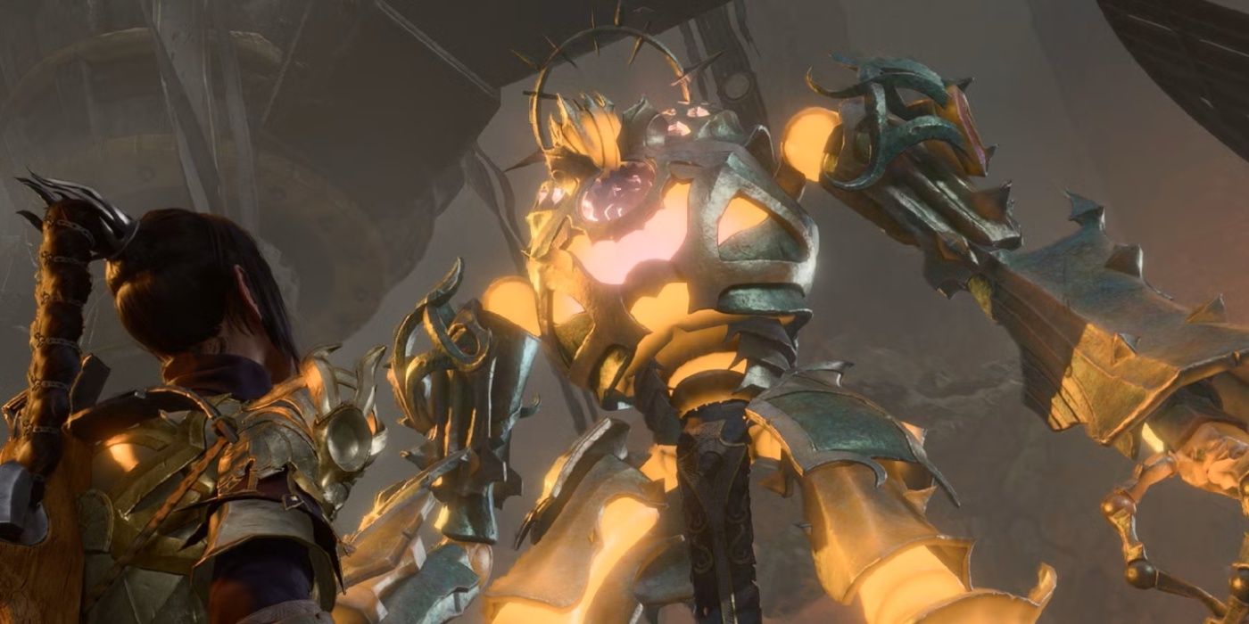 Shadowheart looks up at the massive Forge Protector boss in Baldur's Gate 3.