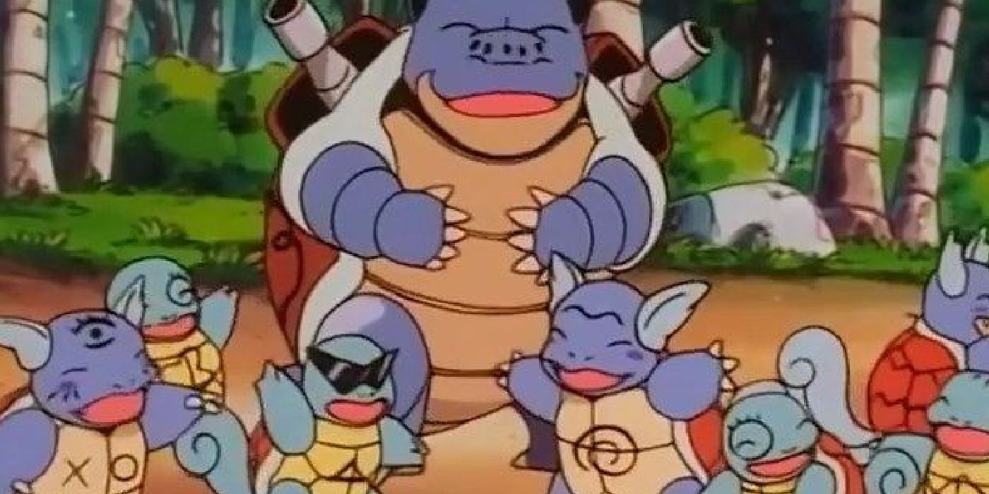 Blastoise con Squirtle y Wartortle en el anime Pokémon