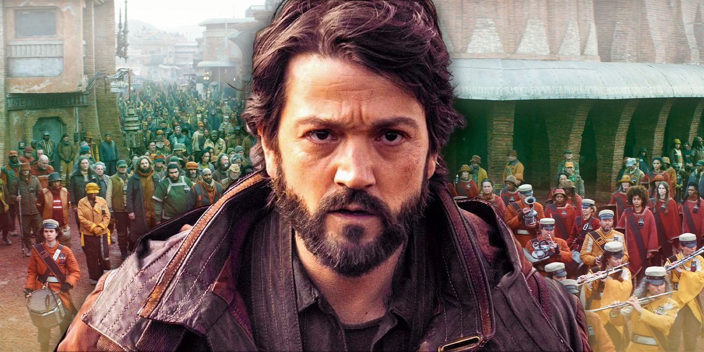 Cassian Andor con la procesión fúnebre de Maarva en Rix Road en los antecedentes de Andor.
