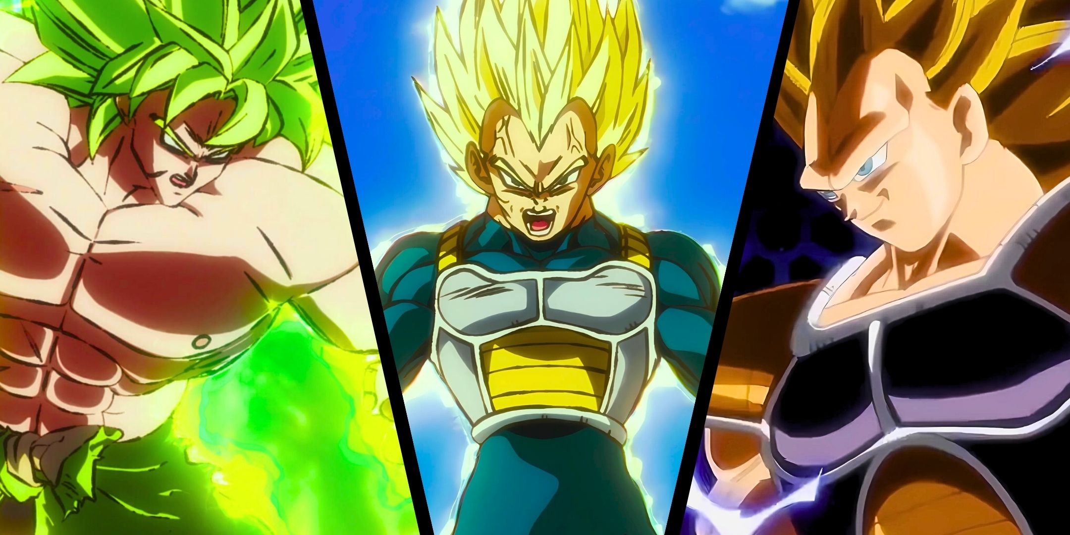 A split image of Broly, Vegeta and Raditz from Dragon Ball Z