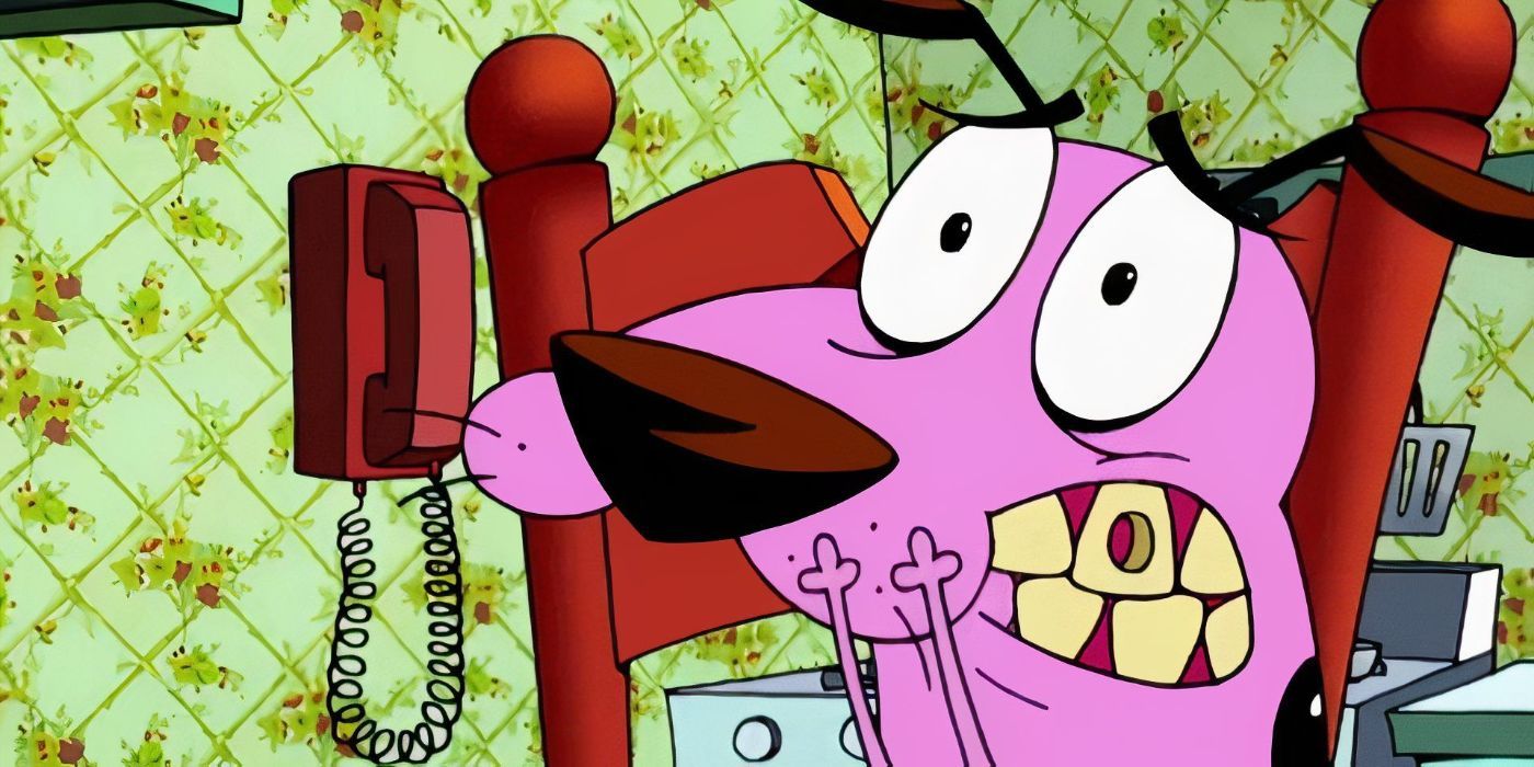 Keberanian menempelkan cakarnya ke wajahnya karena takut dalam Courage the Cowardly Dog.