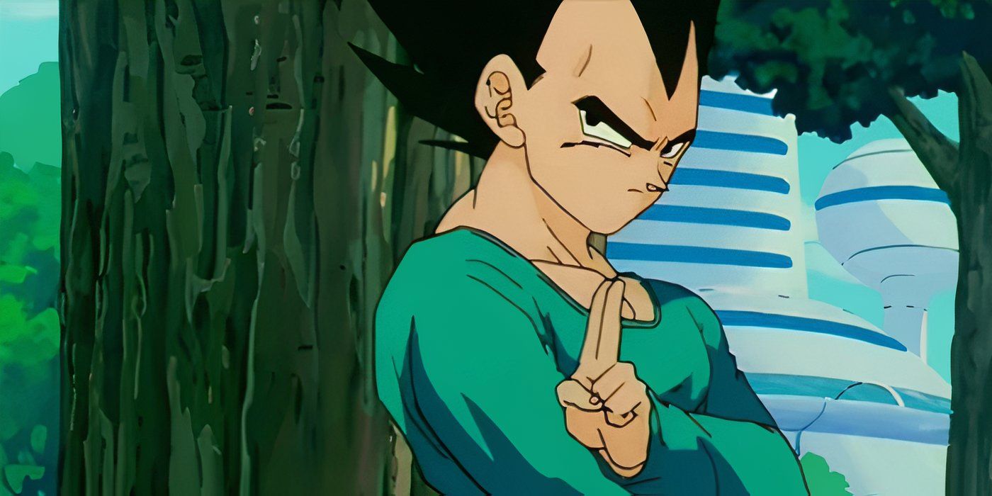 Vegeta gives future trunks a goodbye hand signal in Dragon Ball Z.