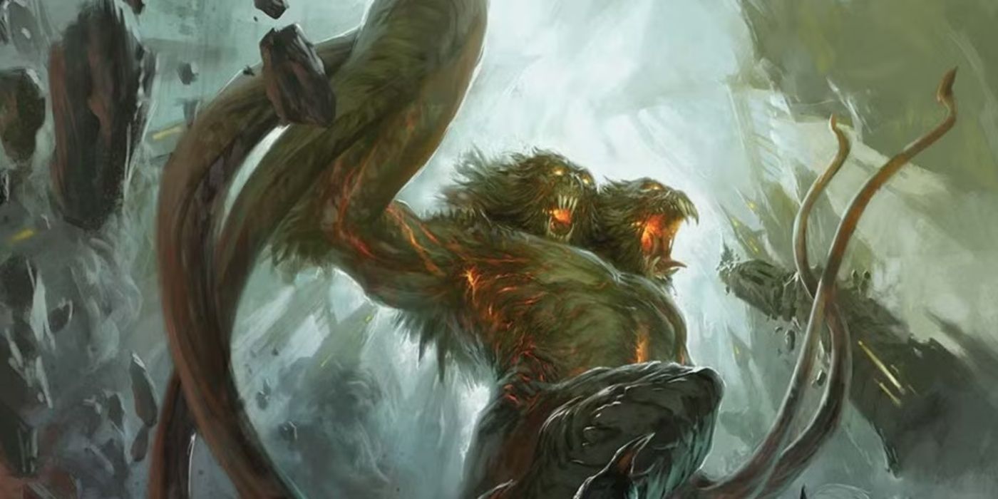 Cover art for Dungeons & Dragons - Out of the Abyss premade campaign and a massive two-headed beast.