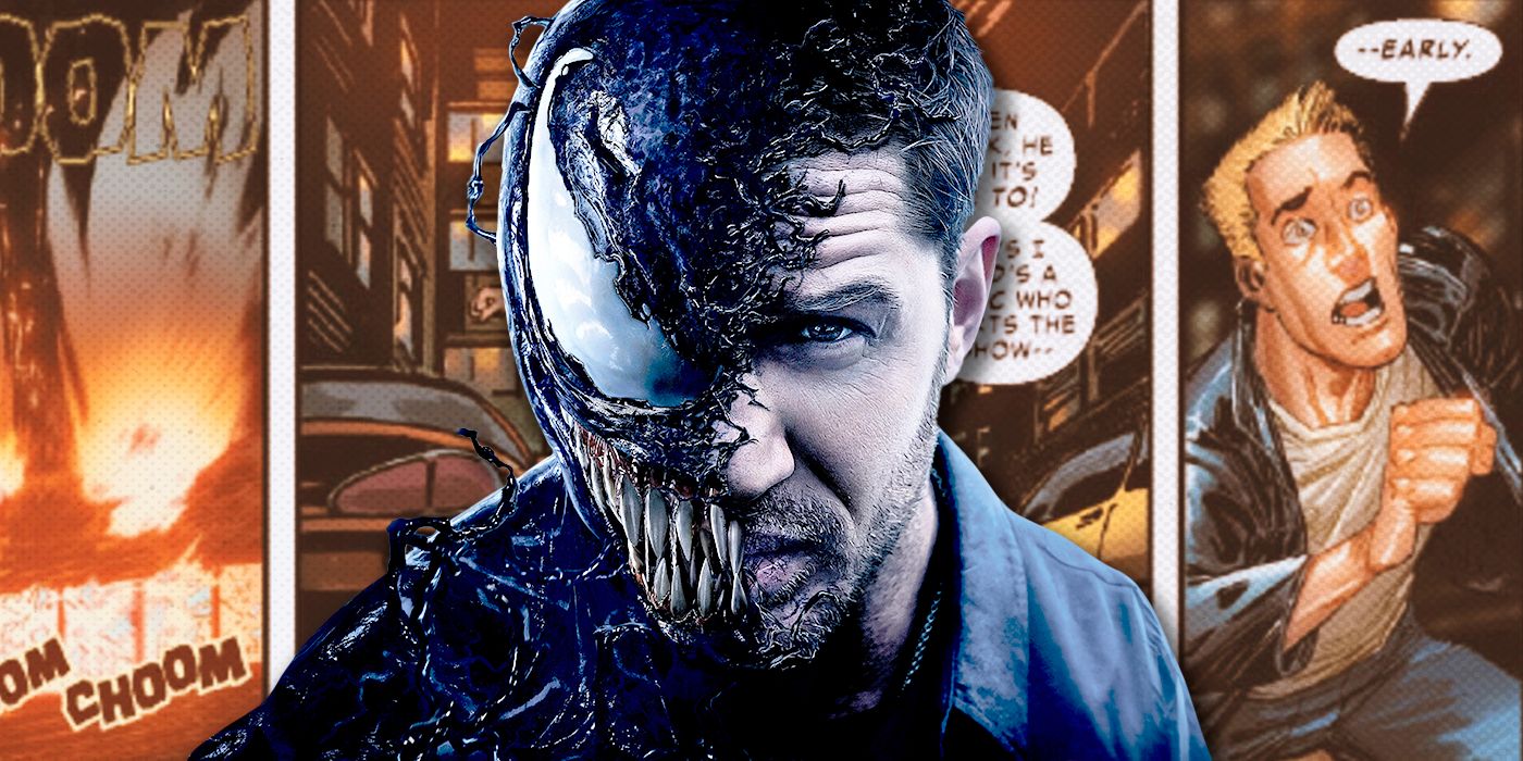 Eddie Brock Venom with some comic strips of venom behind