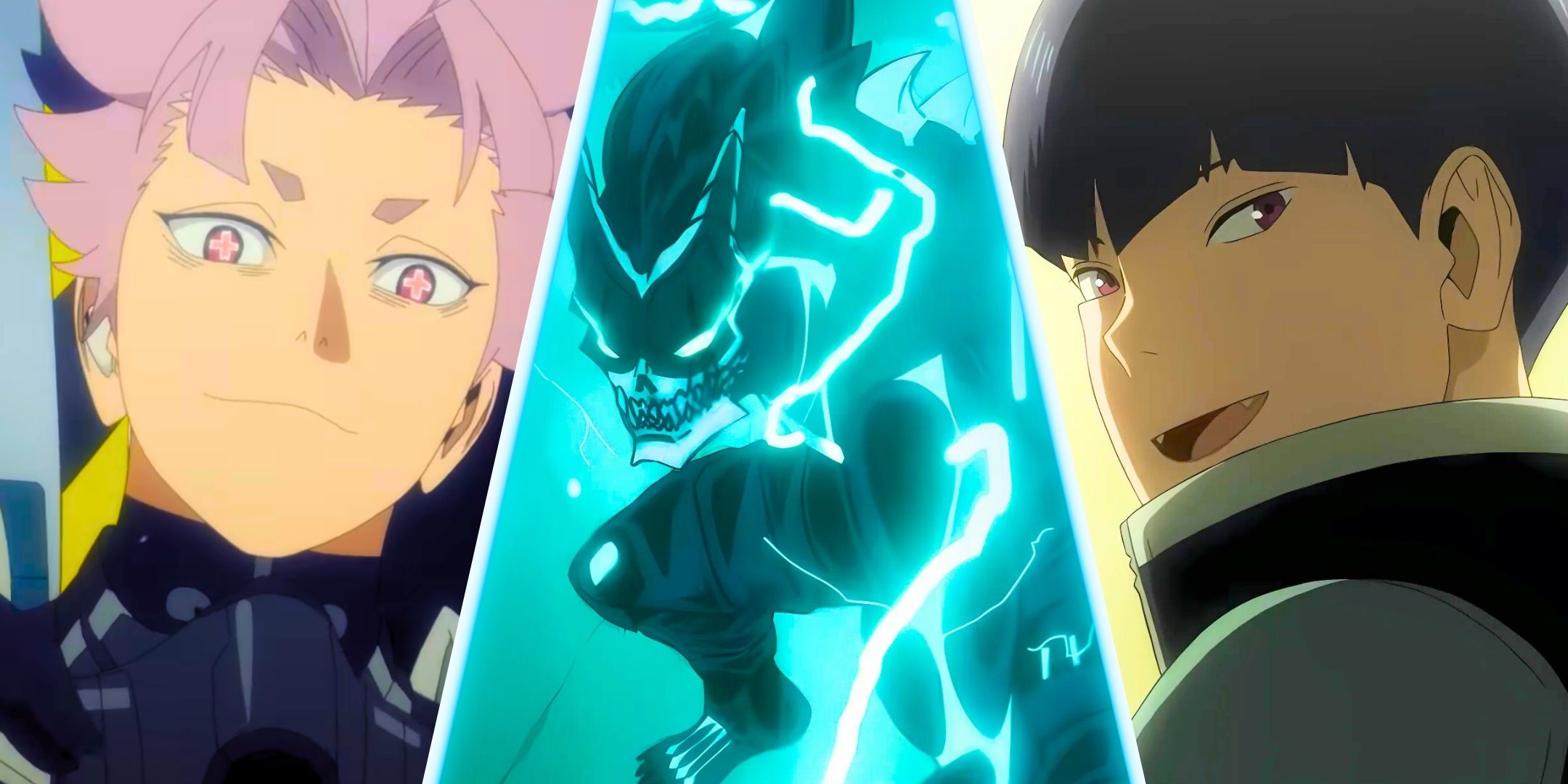 A divided image of Kafka Hibino in its form Kaiju, Hoshina and Gen de Kaiju n ° 8