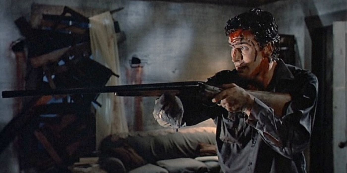 Bruce Campbell as Ash Williams holding a shotgun from Evil Dead 2 (1987)