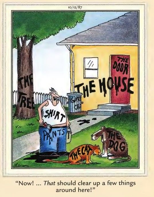 Cómic de Far Side de 1987 donde un hombre ha etiquetado su gato, perro, camisa y pantalones