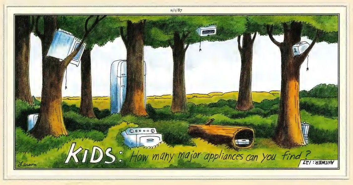 Cómic de Far Side de 1987 con un juego de adivinanzas para niños