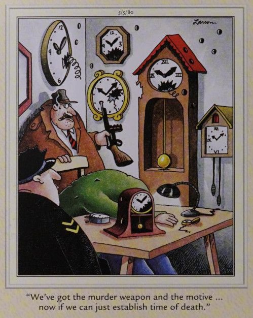 Detectives investigate a body surrounded by broken clocks