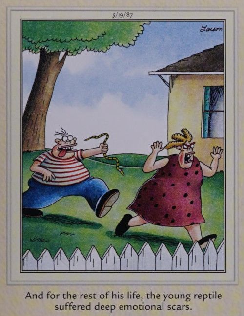 A boy chases a girl with a snake