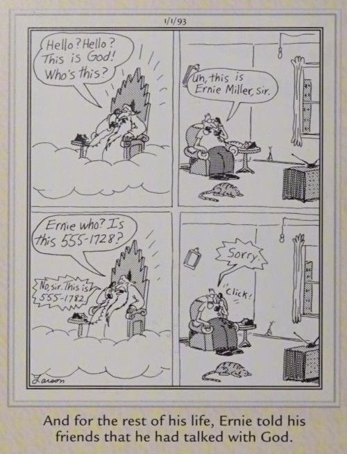 A man speaks with God on the phone.