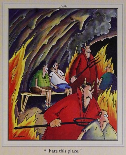 A man in hell whispers to another.