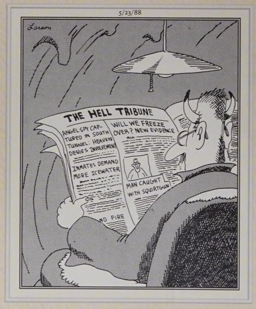 A demon reads a newspaper in hell