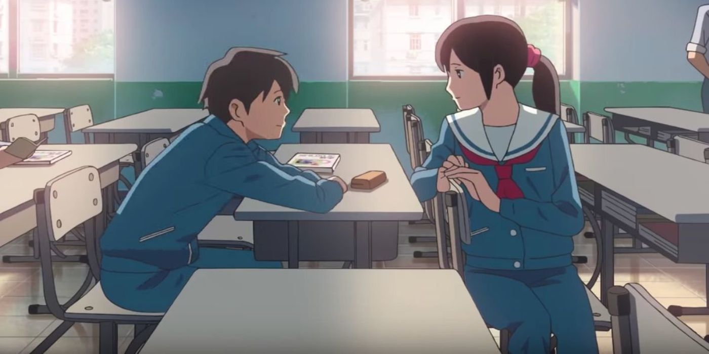Two students converse in the Flavors of Youth anime movie on Netflix.