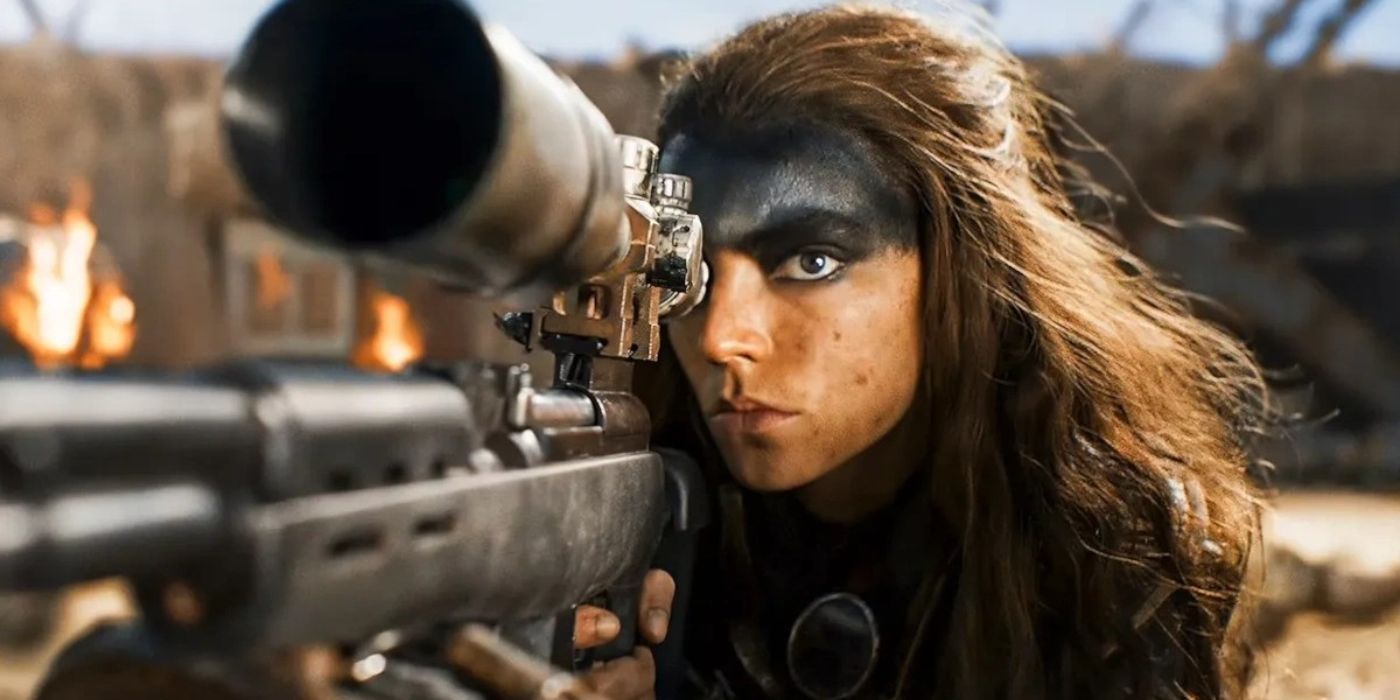 Anya Taylor-Joy as Furiosa aiming a sniper rifle from the movie Furiosa: A Mad Max Saga (2024)