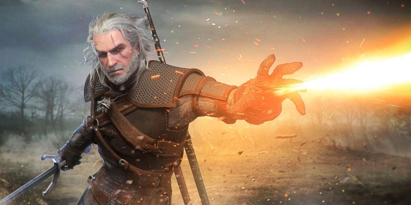 Geralt using the fire magic of Igni in The Witcher 3 key art.