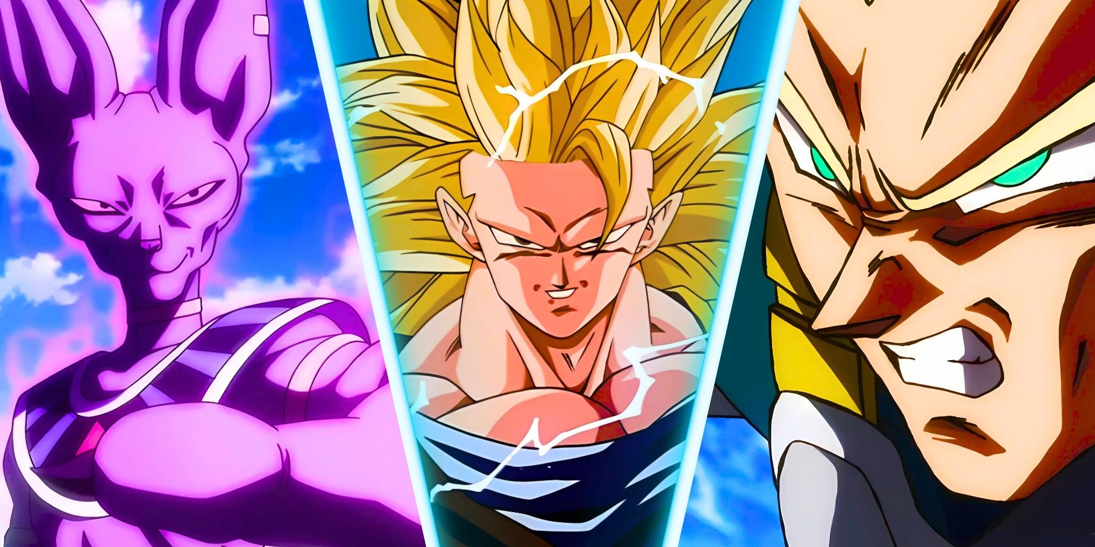 A divided image of Goku, Beerus of Vegeta by Dragon Ball Super