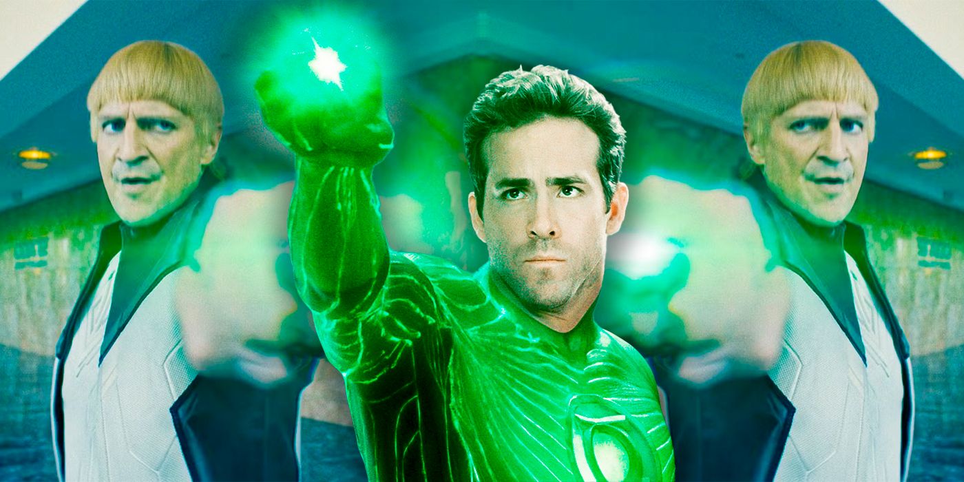 Ryan Reynolds' Green Lantern using his power ring in the center with Nathan Fillion's DCU Green Lantern on the background