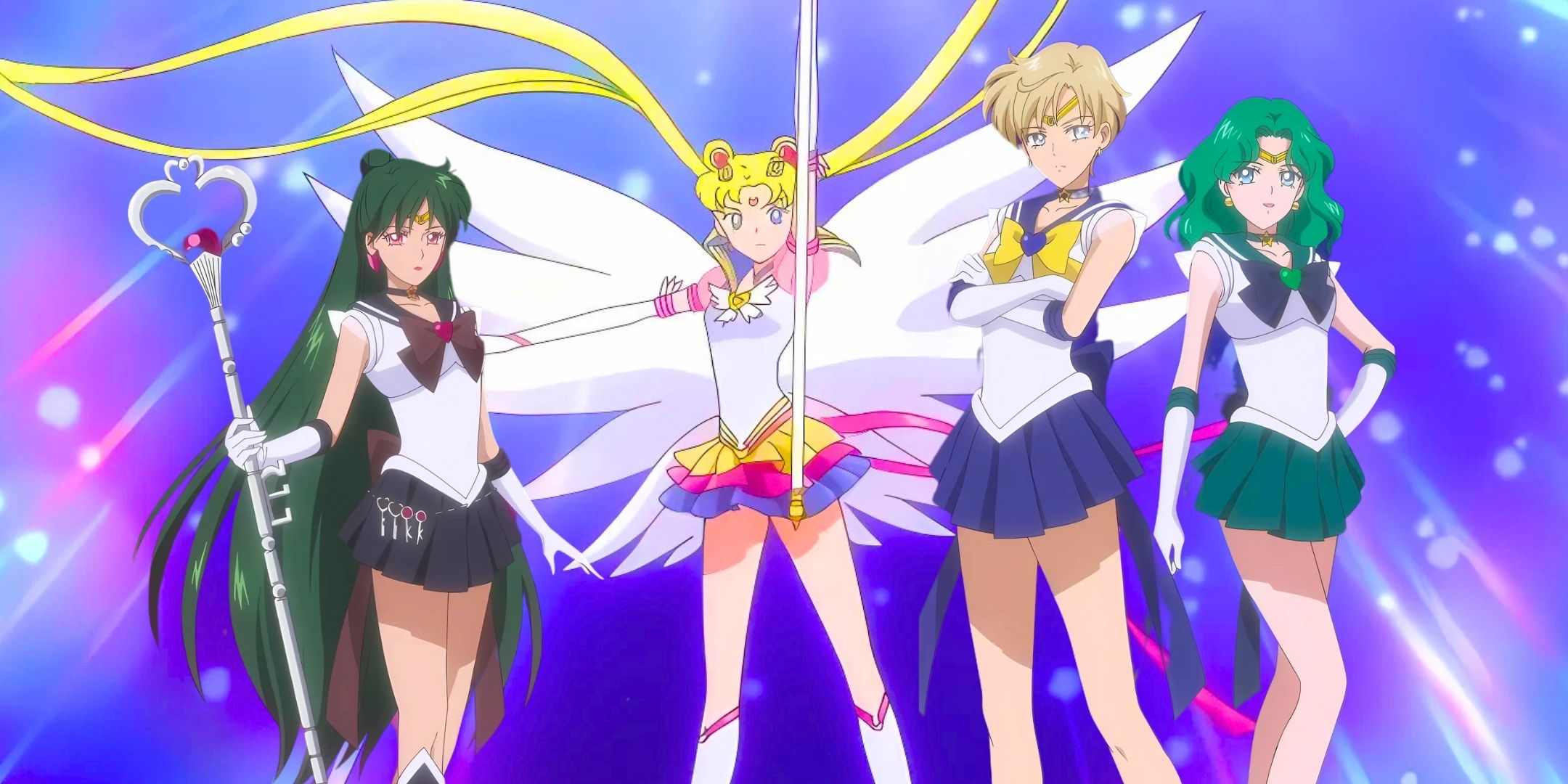 A collage of Sailor Moon in his eternal form seems majestic and large with other sailor guards next to her