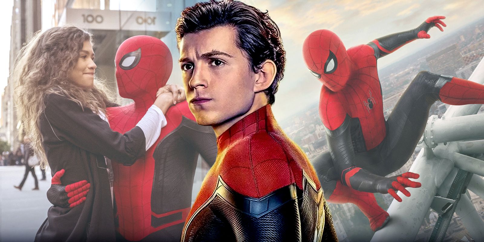 Spider-Man looks far away and holds MJ.
