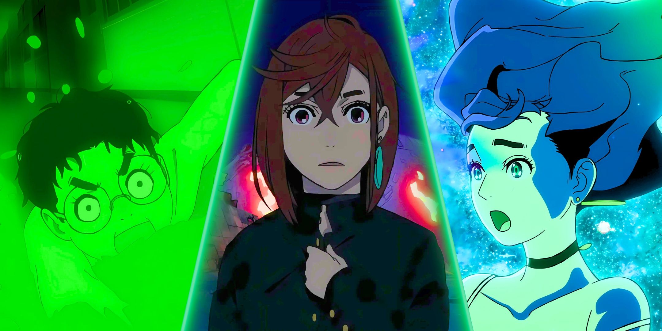 A split image Momo wearing Okarun’s jacket, Momo using her powers and Okarun swimming from Dandadan