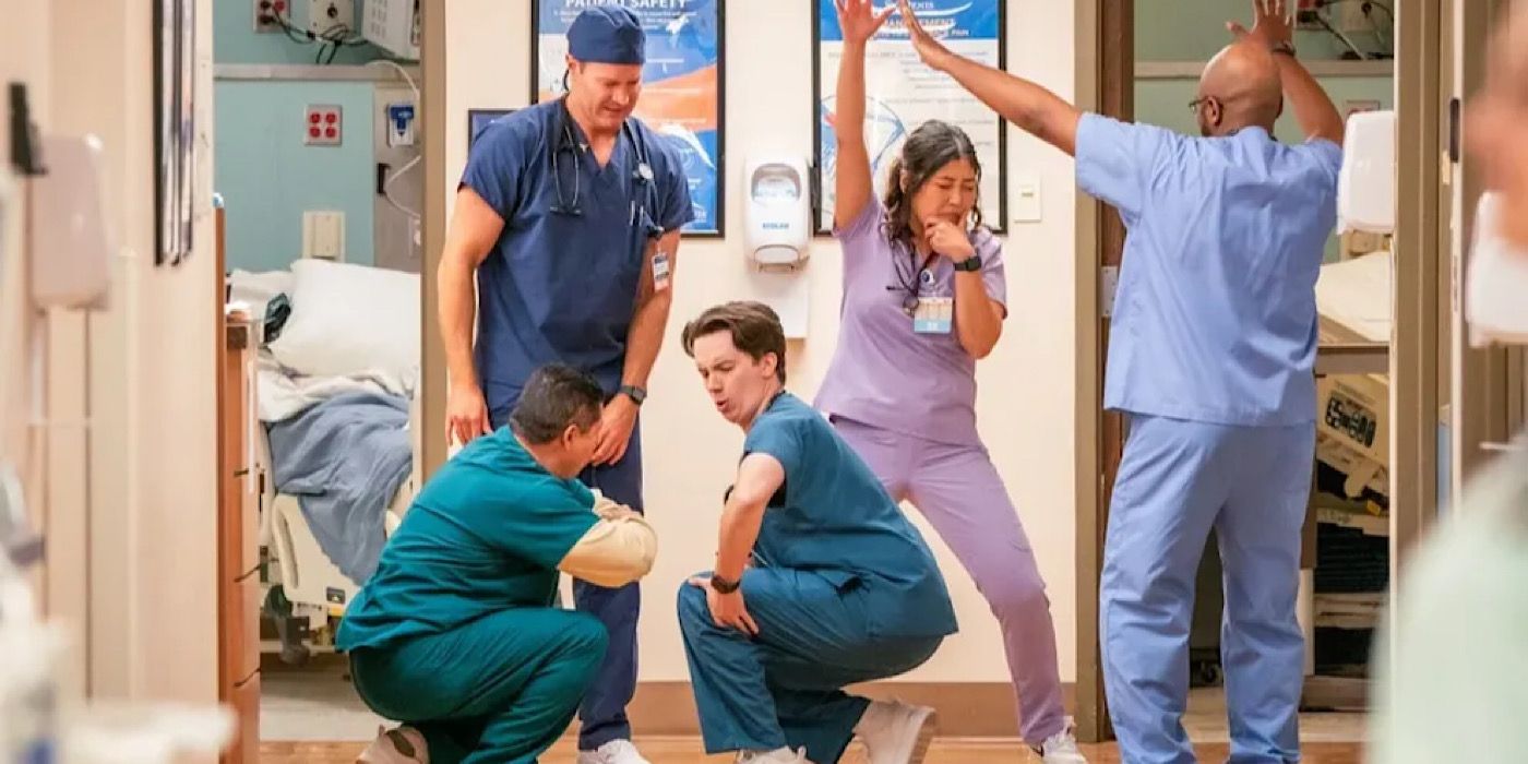 St Denis Medical - The staff including Bruce, Matt, Serena and two other nurses dance in the hallway.