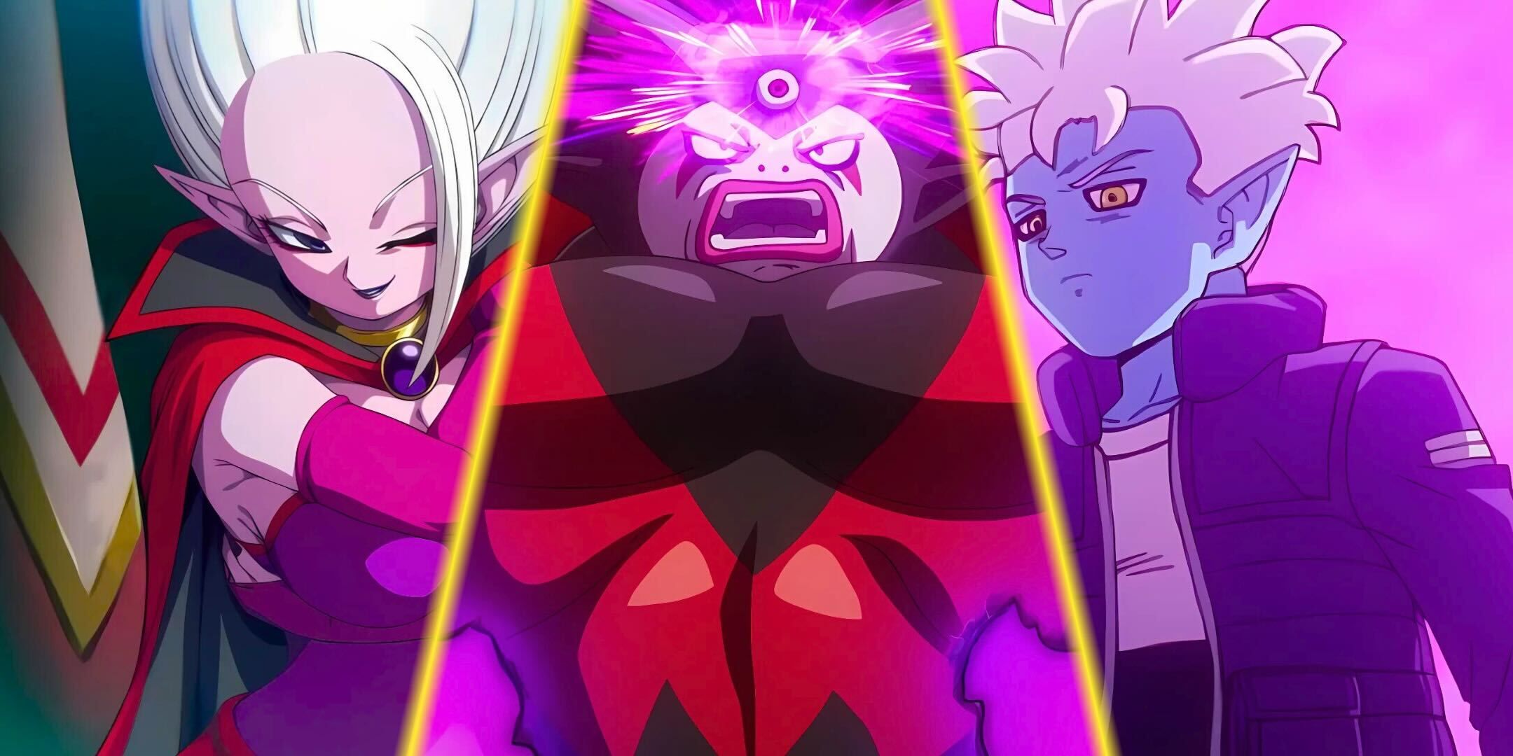 A split image of Arinsu, Gomah, and Glorio from Dragon Ball Daima