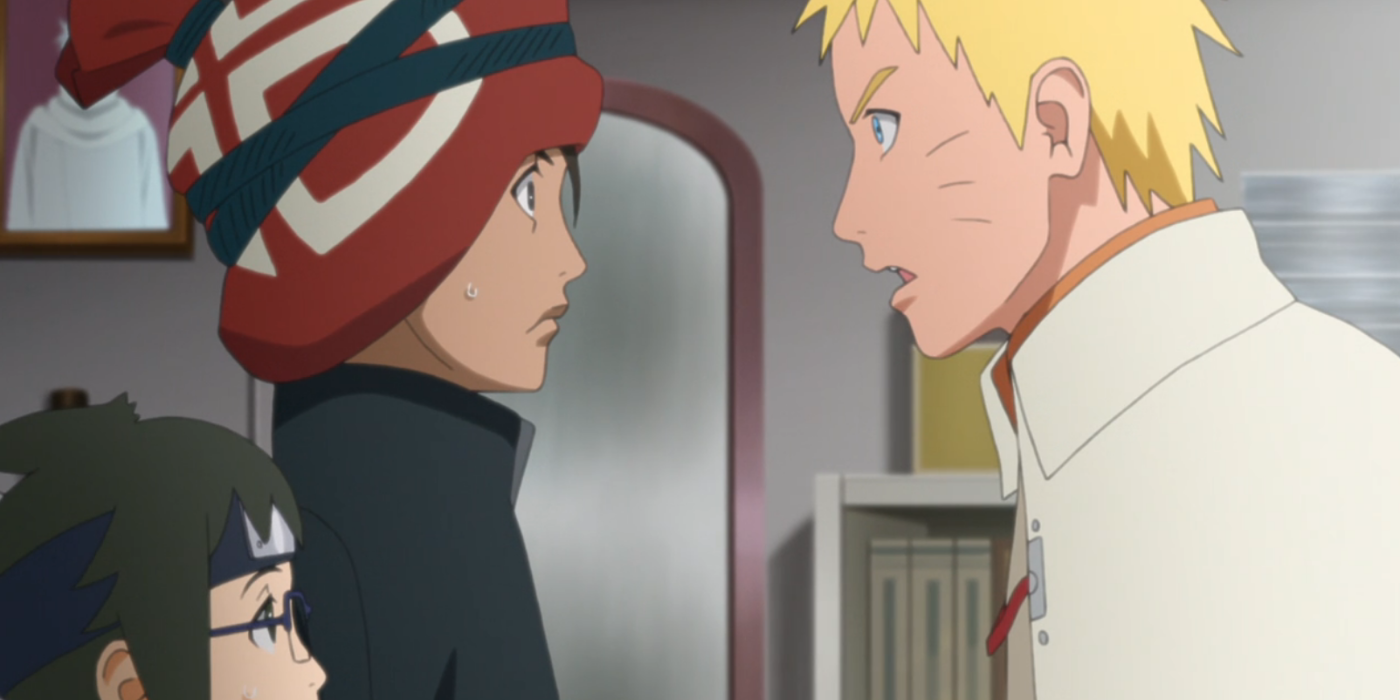 Iwabe Yuino and Denki Kaminarimon looks surprised when Naruto Uzuamki leans in while speaking with them in Boruto: Naruto Next Generations.