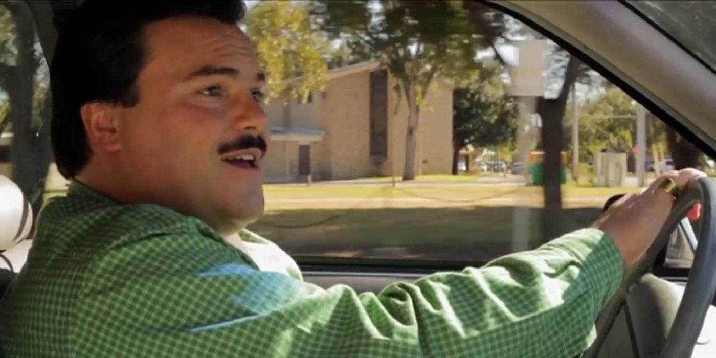 Jack Black as Bernie Tiede driving while singing
