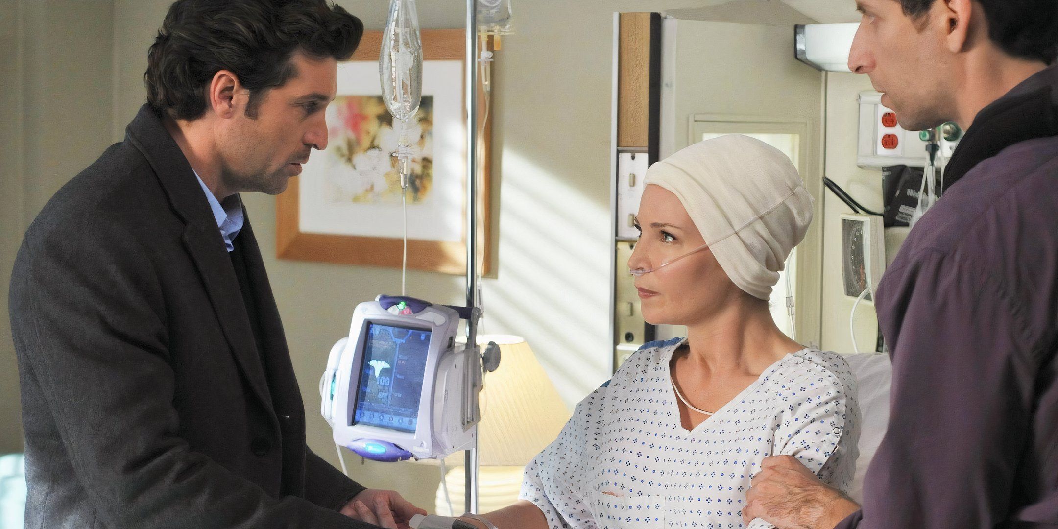 Derek Shepherd shaking Jen Harmon's hand in her hospital bed with her husband beside her in Grey's Anatomy.