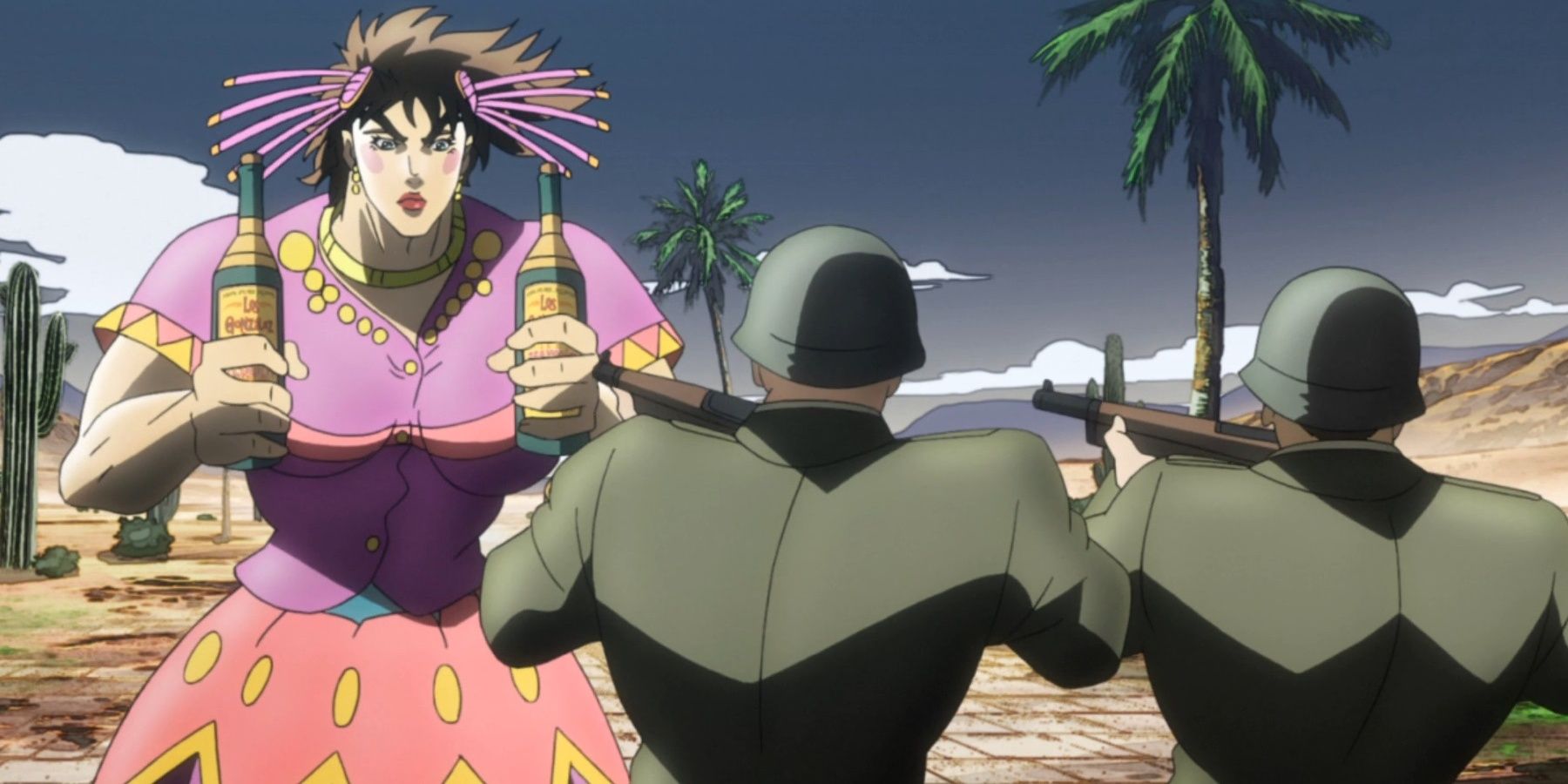 Joseph se viste como mujer frente a dos soldados.