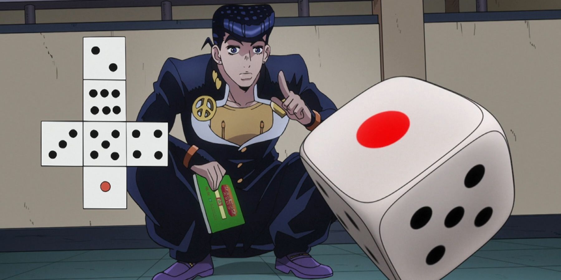 Josuke crouches while explaining dice.