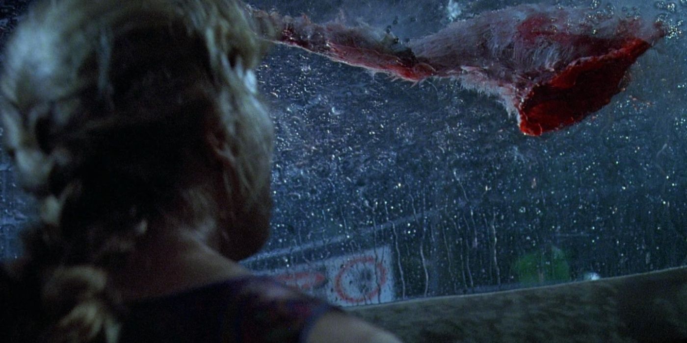 Lex watches as a bloody, severed goat leg falls on the jeep's windshield in Jurassic Park.
