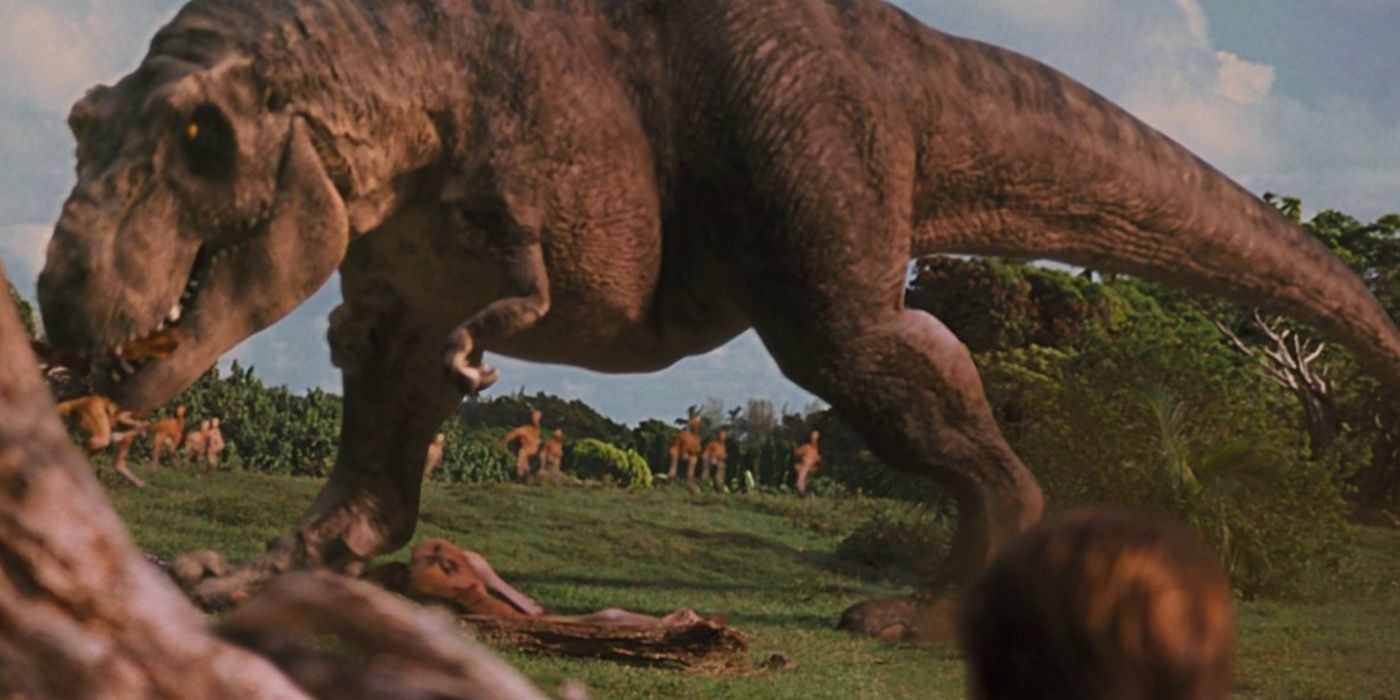 A T-Rex standing over her Gallimimus prey in Jurassic Park.