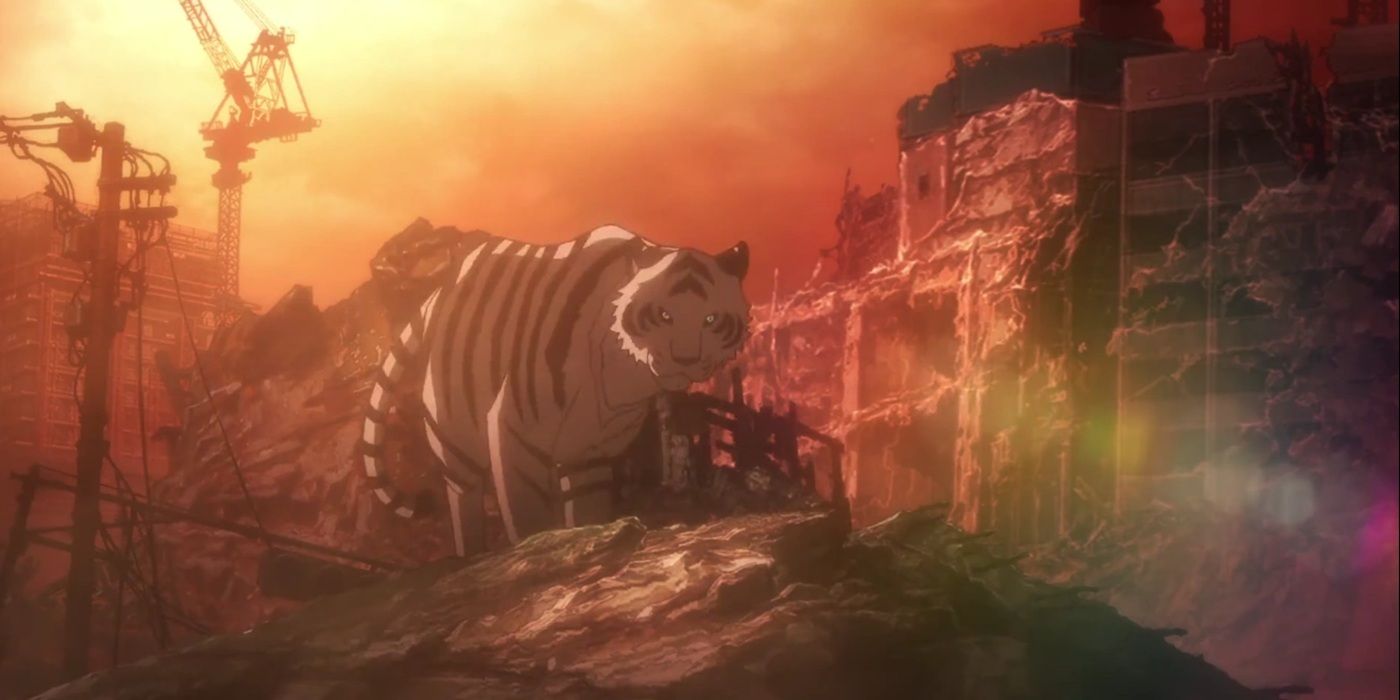 The white tiger of Kaiju no 8, Bakko, standing in the setting sun.