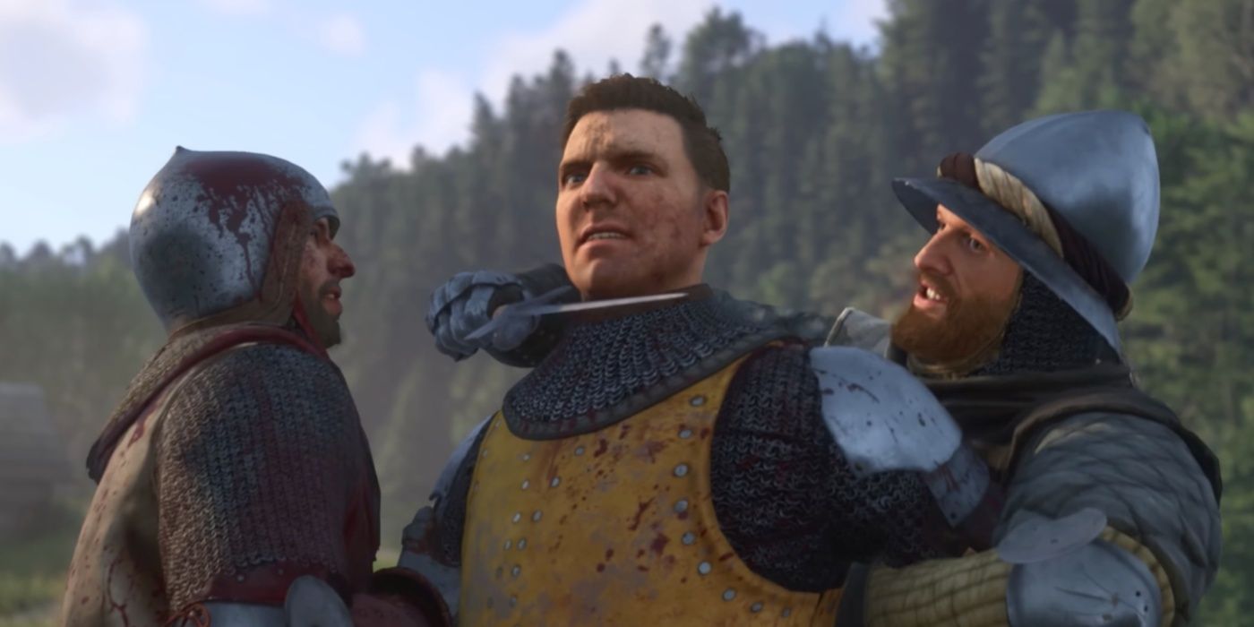 A bloodied Henry being held at knifepoint by soldiers in Kingdom Come: Deliverance II.