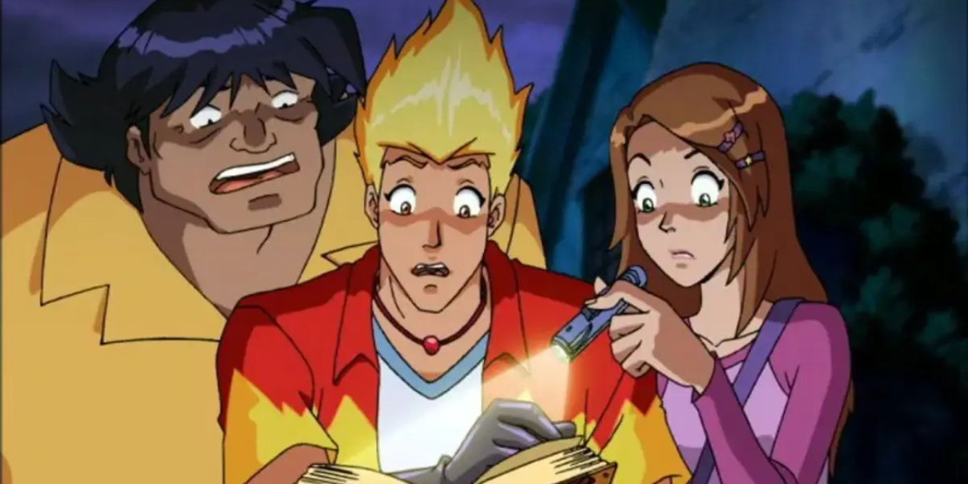 Martin Mystery, Diana Lombard and Java the caveman examining a book from the TV show Martin Mystery