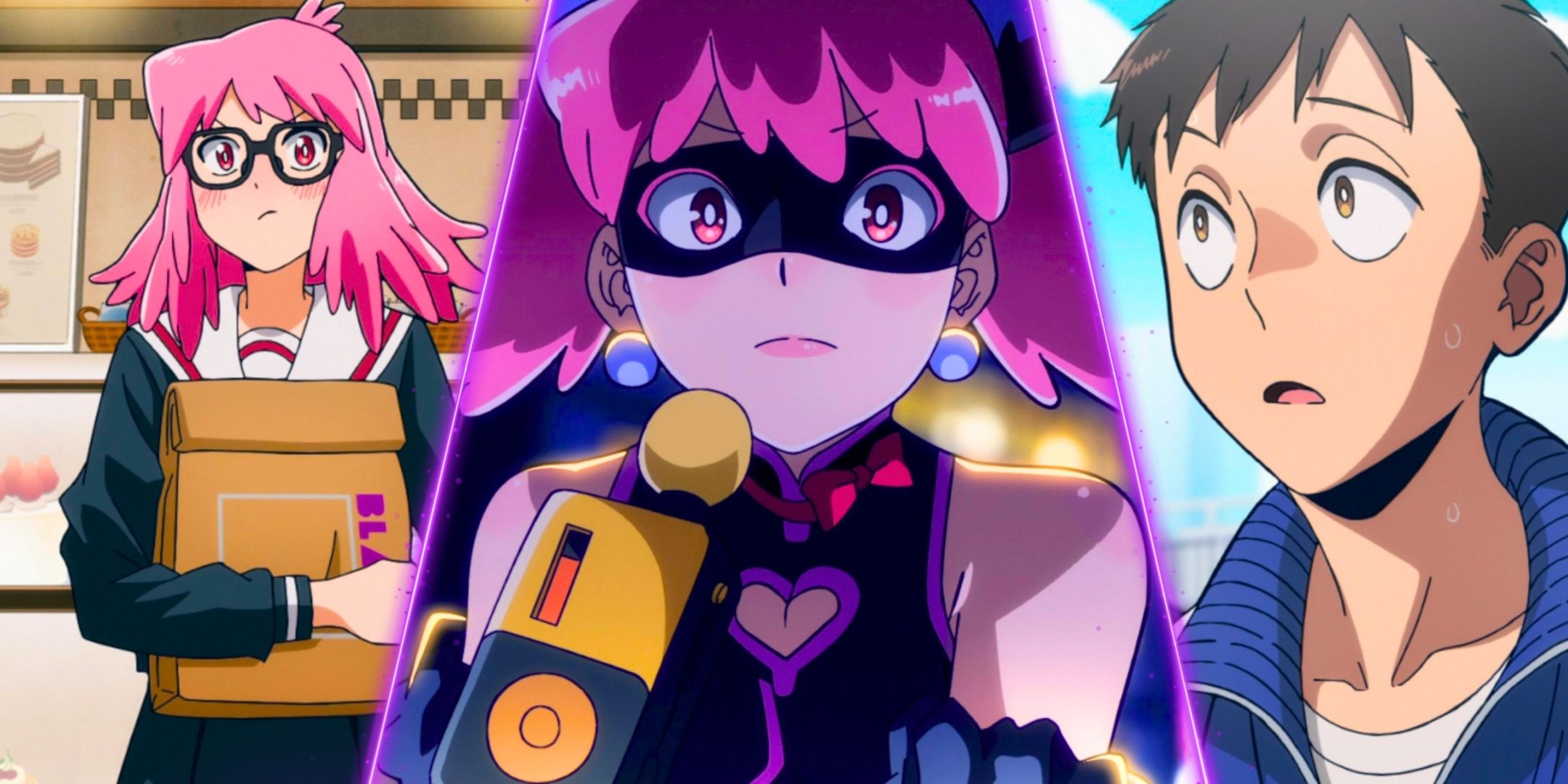 Una imagen dividida de Pop paso en el disfraz y en la vida diaria y Koichi Haimawari de mi héroe académico los vigilantes