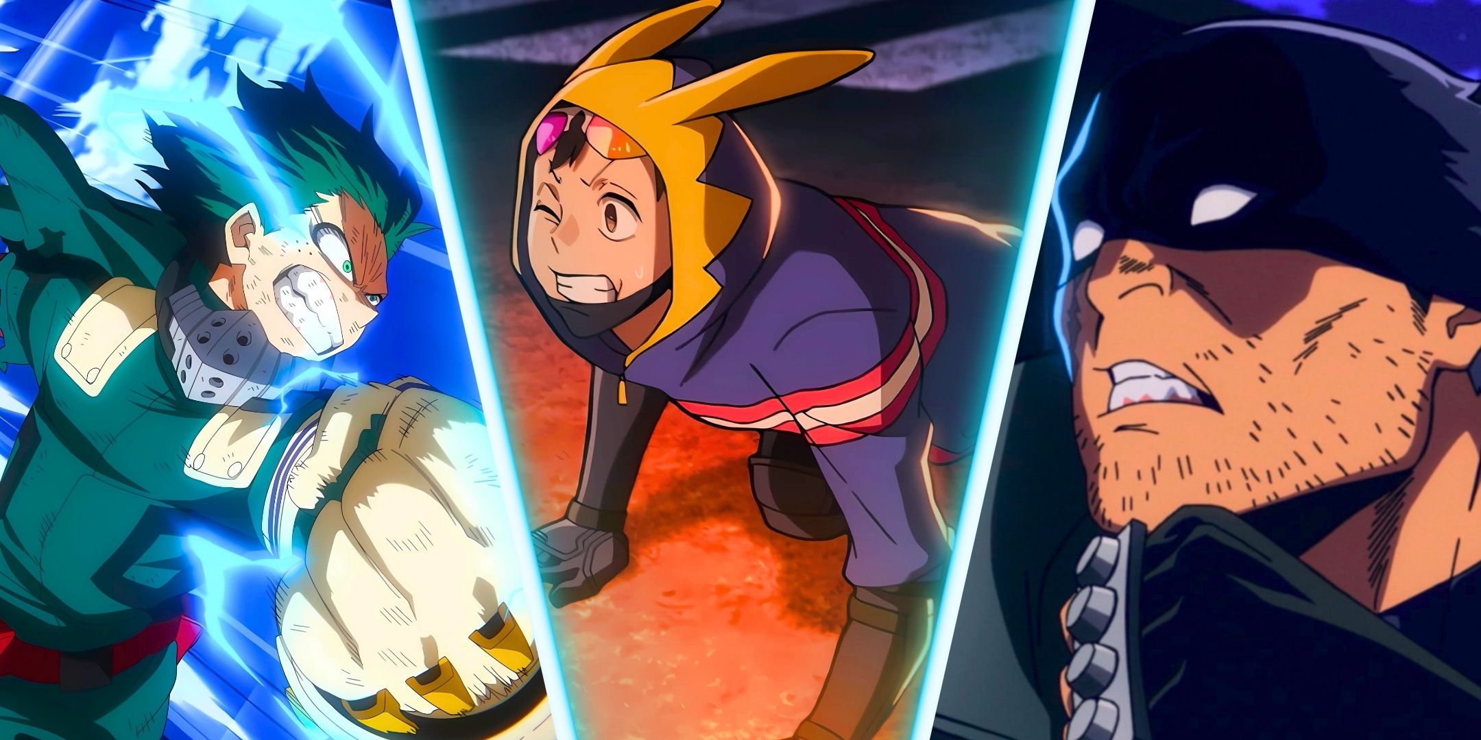     Una imagen dividida de Deku de mi héroe universitario y Koichi Haimawari, Knuckleduster de mi héroe universitario