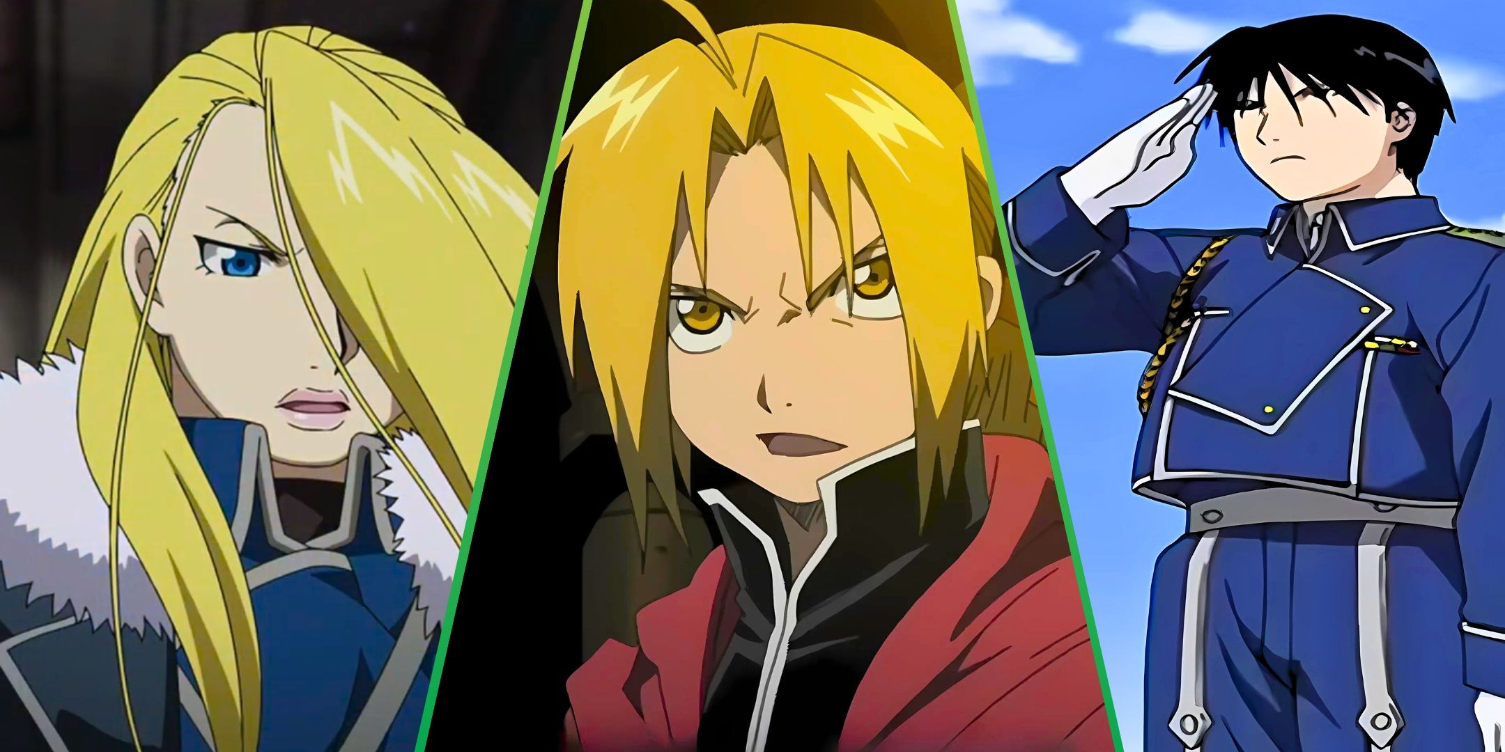 A spit image of Edward Elric, Olivier Armstrong and Roy Mustang from Fullmetal Alchemist