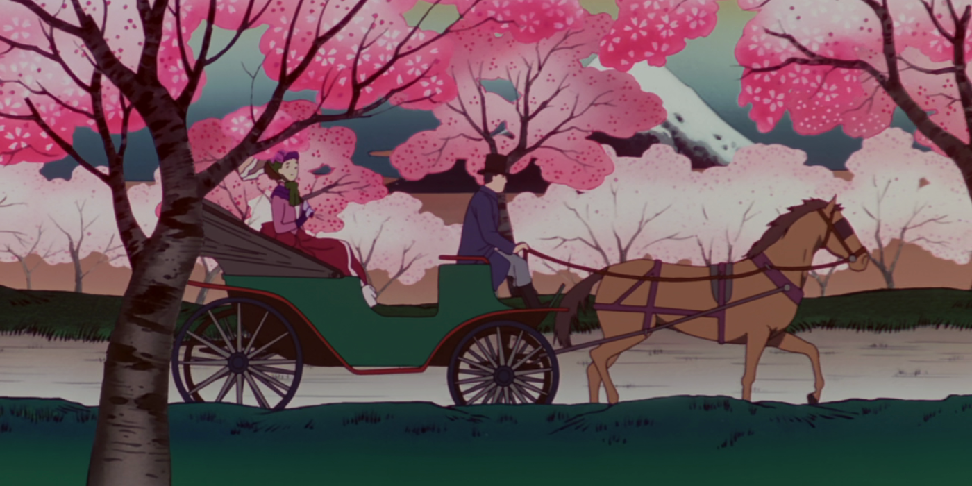 Chiyoko Fujiwara en un carruaje frente a los cerezos en Millennium Actress.