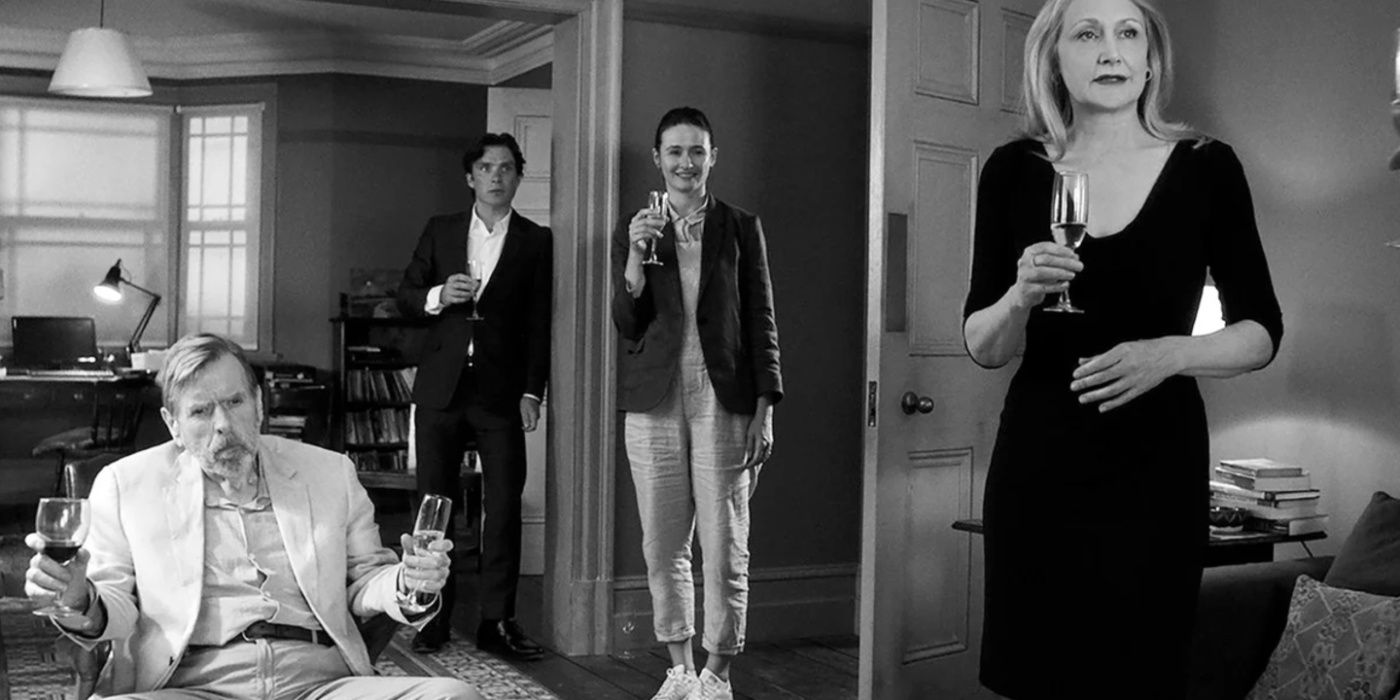 Cast of The Party holding champagne glasses