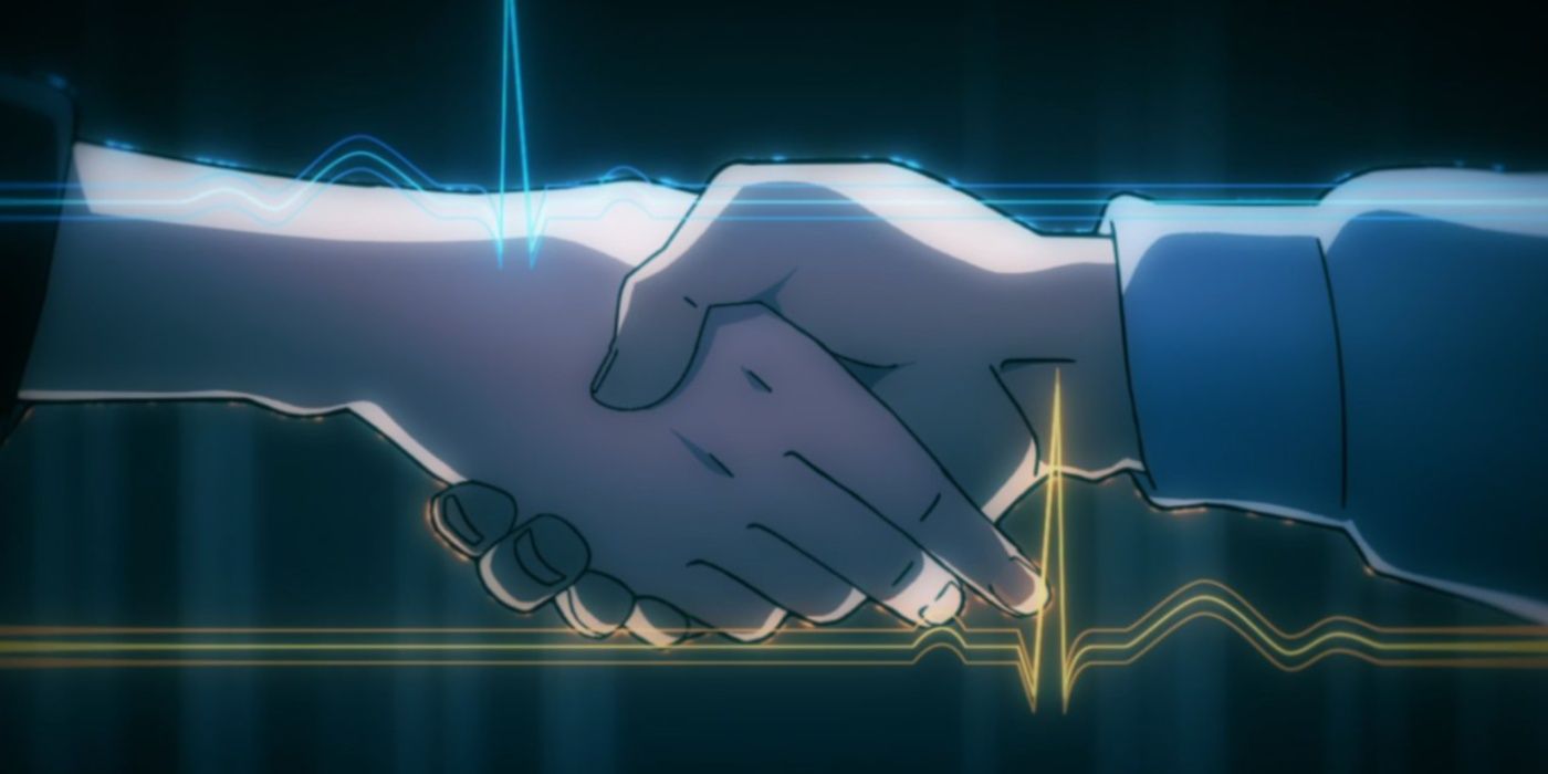 Makoto uses her Polygraph Quirk while shaking hands with Koichi in My Hero Academia: Vigilantes..