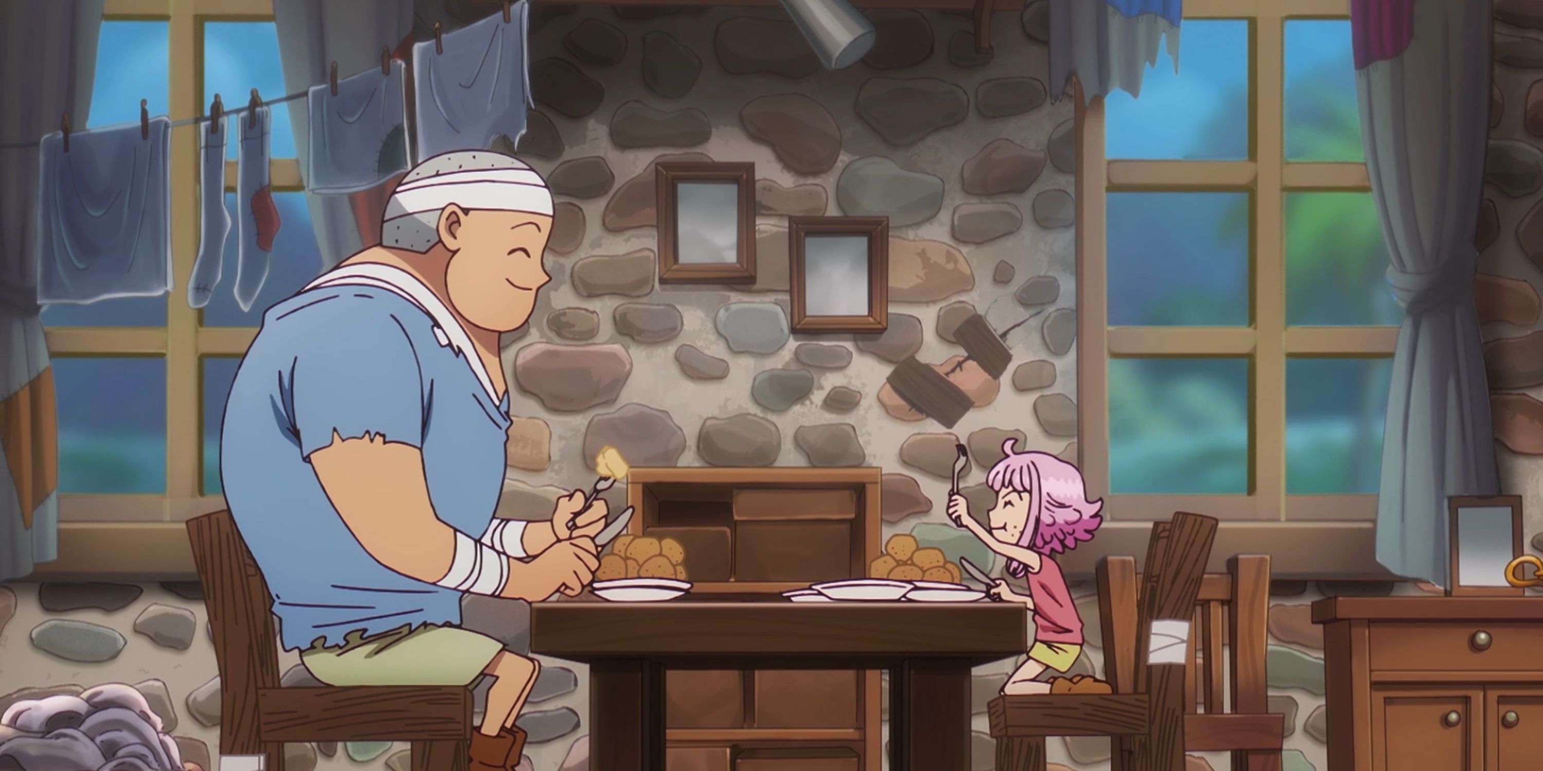 Bartholomew Kuma and Ginny share a meal as a child in a room episode 1130
