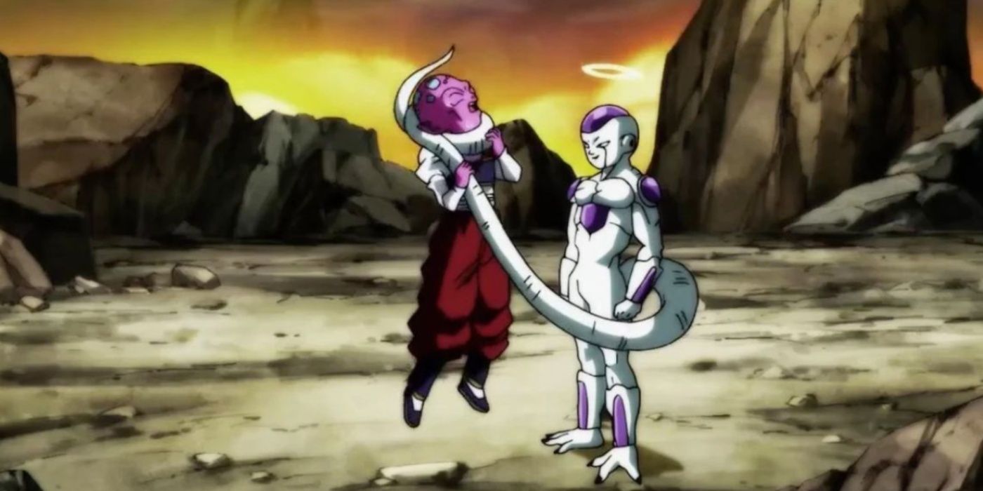 Frieza sofocando a Jimizu con su cola en el anime de Dragon Ball