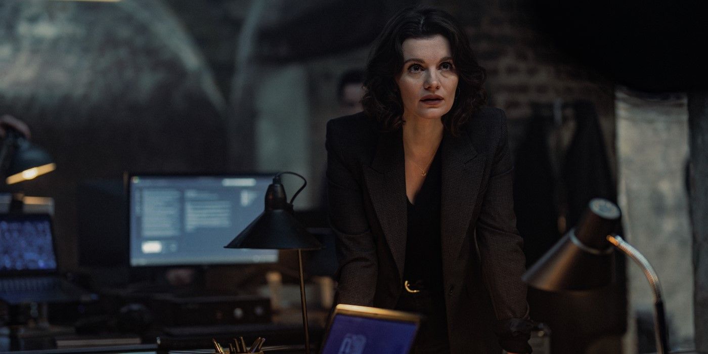 Alice stands behind an office on the location of the secret police in the TV show Mobland