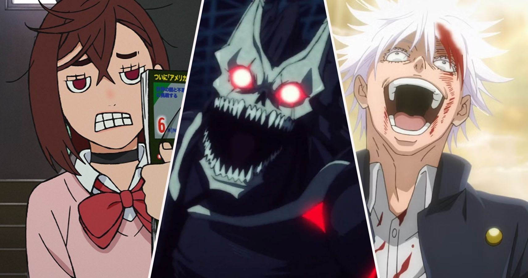 Momo Ayase del anime Dandadan, Kafka Hibino del anime Kaiju No 8, y Satoru Gojo del anime jujutsu kaisen