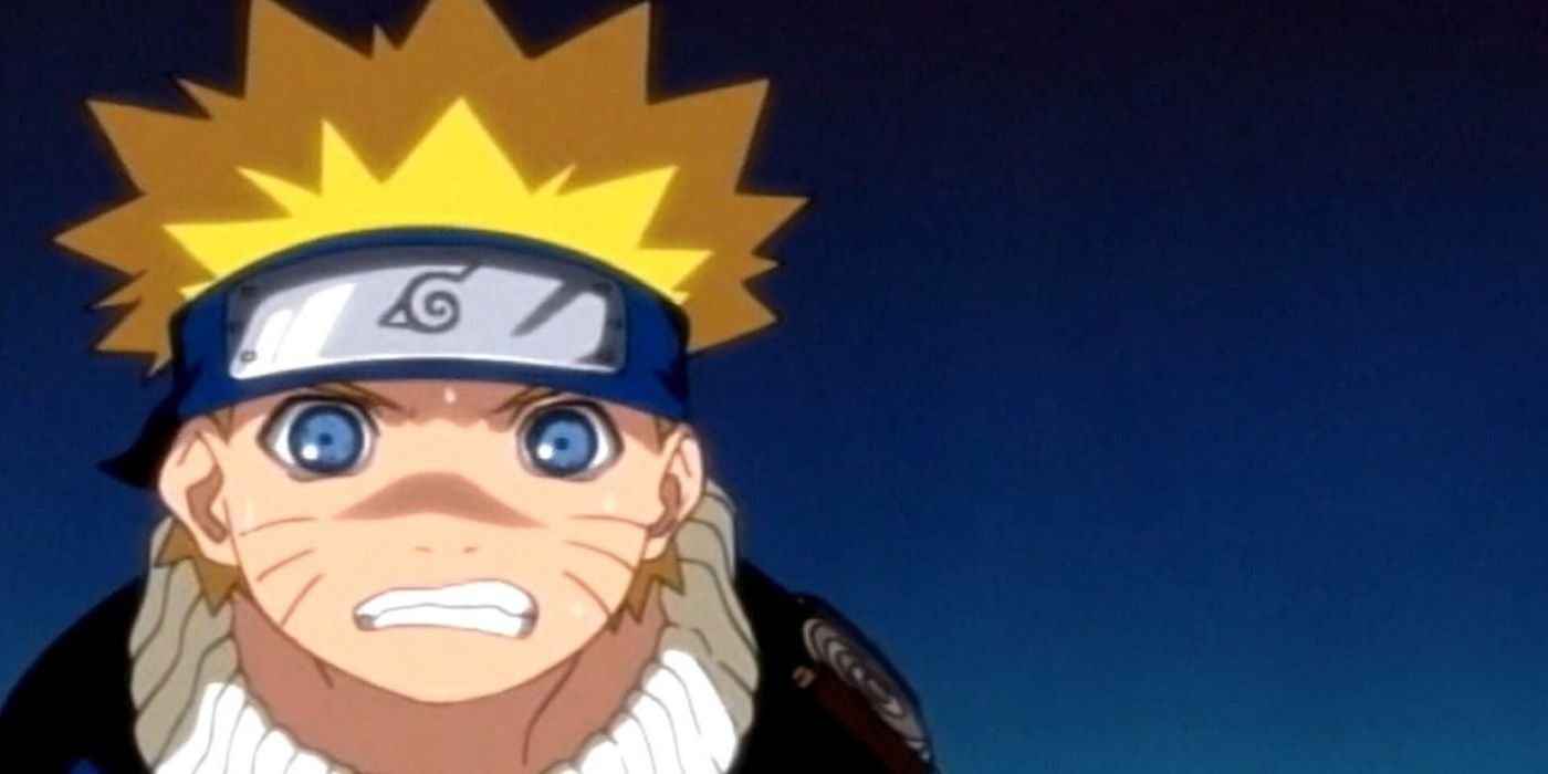 Naruto Uzumaki looks nervous in front of a dark blue background in the original Naruto anime.